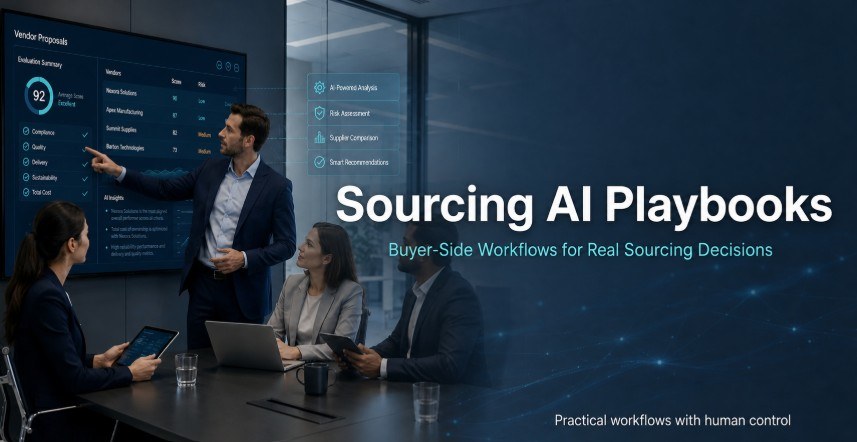 Business sourcing team reviewing AI-supported supplier analysis in a conference room