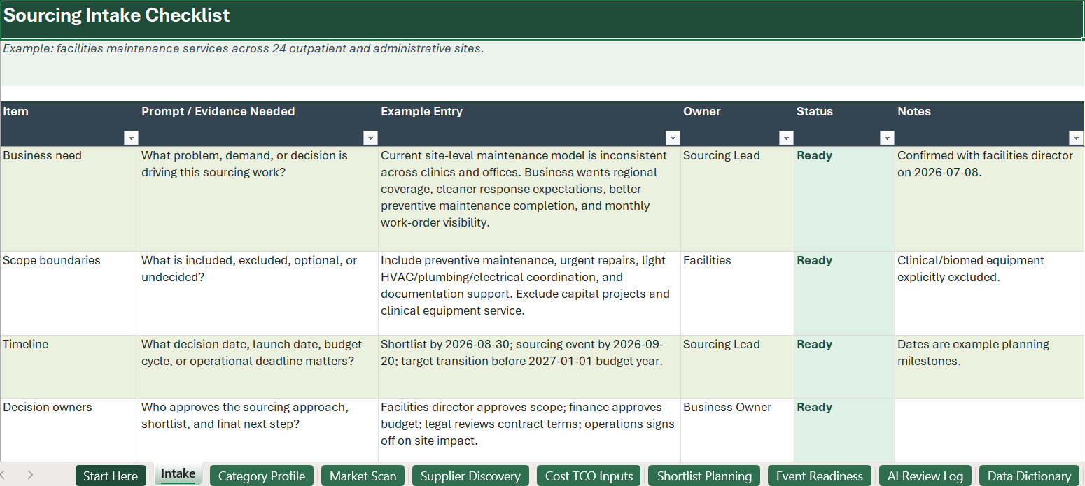 Sourcing Intake Checklist workbook screenshot with example rows and worksheet tabs