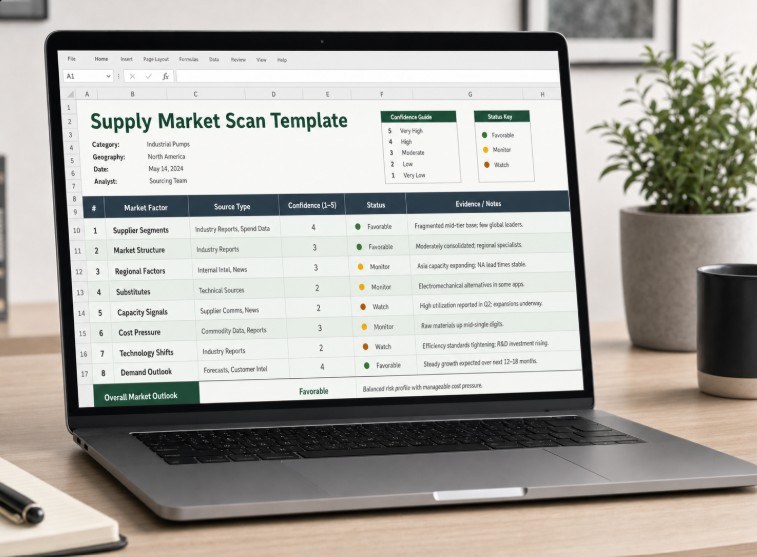 Laptop showing a Supply Market Scan Template worksheet in the Sourcing Playbooks color palette